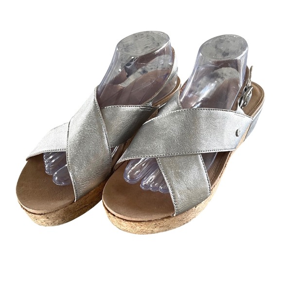 UGG Kari Metallic Sandals Women 10 Silver Platform Wedge Cork 1100983 Boho Chic - Picture 2 of 10